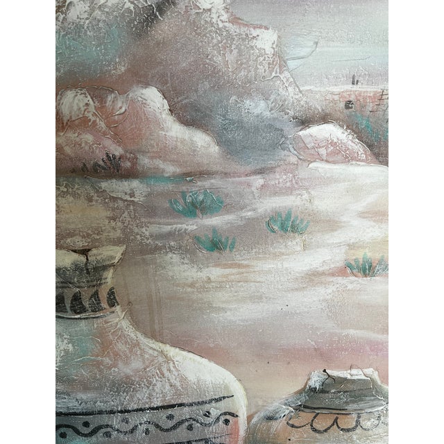 Pink Late 20th Century Large Signed Southwestern Pottery and Desert Landscape Textured Painting on Canvas For Sale - Image 8 of 13
