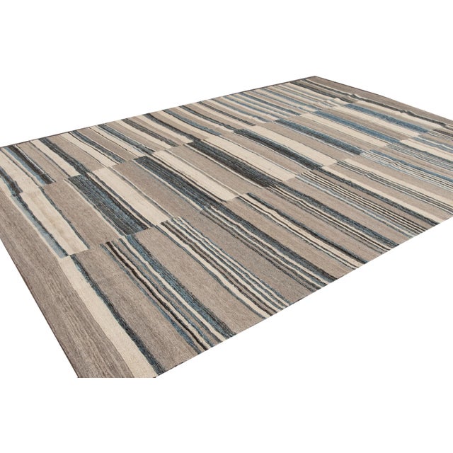 Textile Modern Flat-Weave Kilim Wool Rug With Abstract Design in Beige and Blue For Sale - Image 7 of 10