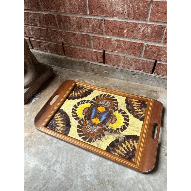 Traditional Vintage Mid Century Brazilian Butterfly Inlaid Wood Tray For Sale - Image 3 of 6