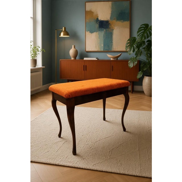 Brown Mahogany Piano Stool in Orange Corduroy with Storage, 1950s For Sale - Image 8 of 10