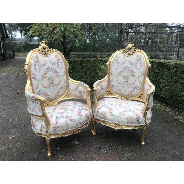 Late 20c French Louis XVI Gilt Beech Damask Bergère – 2 PCS For Sale - Image 12 of 12