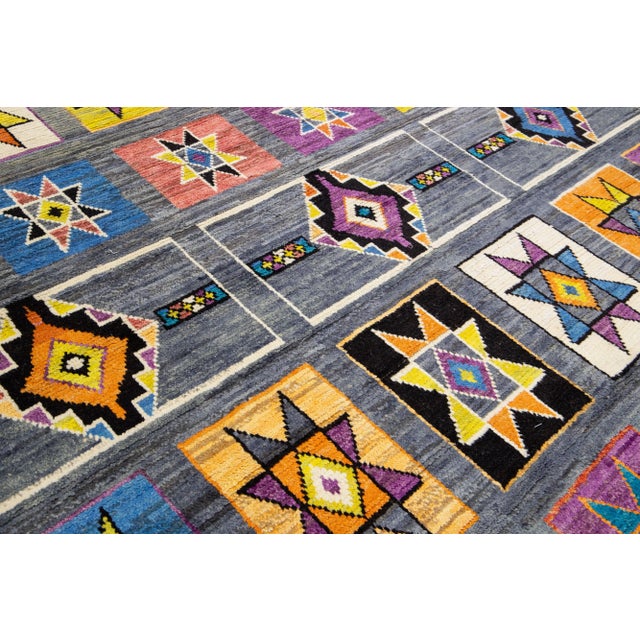 Contemporary Moroccan Style Multicolor Handmade Wool Rug With Geometric Design For Sale - Image 9 of 14