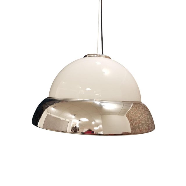 Modern White Glass and Chrome Metal Pendant Light, Italy, 1960s For Sale - Image 3 of 11