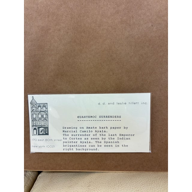 Mexican 1960s "Euahtemoc Surrenders" Drawing on Amate Bark Paper by Marcial Camilo Ayala For Sale - Image 3 of 7