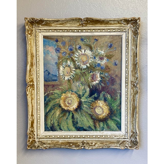 French Provincial Early 1900s Original French Sunflower Still Life Oil Painting For Sale - Image 3 of 10