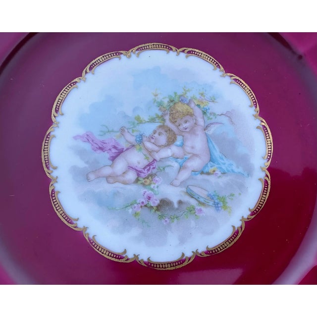 French Vintage French Hand Painted Cherubs Gold Gilt Red Porcelain Decorative Plate For Sale - Image 3 of 10
