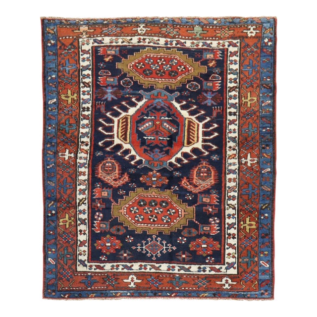 Traditional Antique Persian Square Navy Blue Heriz Rug For Sale