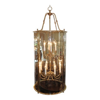 1990s Large Brass Two Tier 12 Light Beveled Glass Chandelier Lantern For Sale