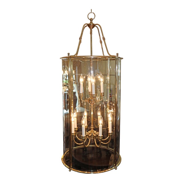 1990s Large Brass Two Tier 12 Light Beveled Glass Chandelier Lantern For Sale