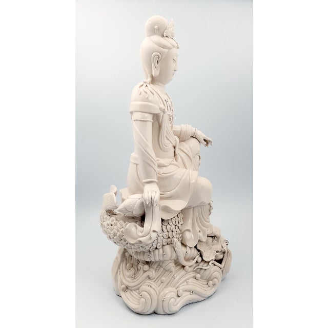 Antique White Chinese DeHua Porcelain Seated Kuan Yin and Dragon Transfiguration For Sale - Image 8 of 12