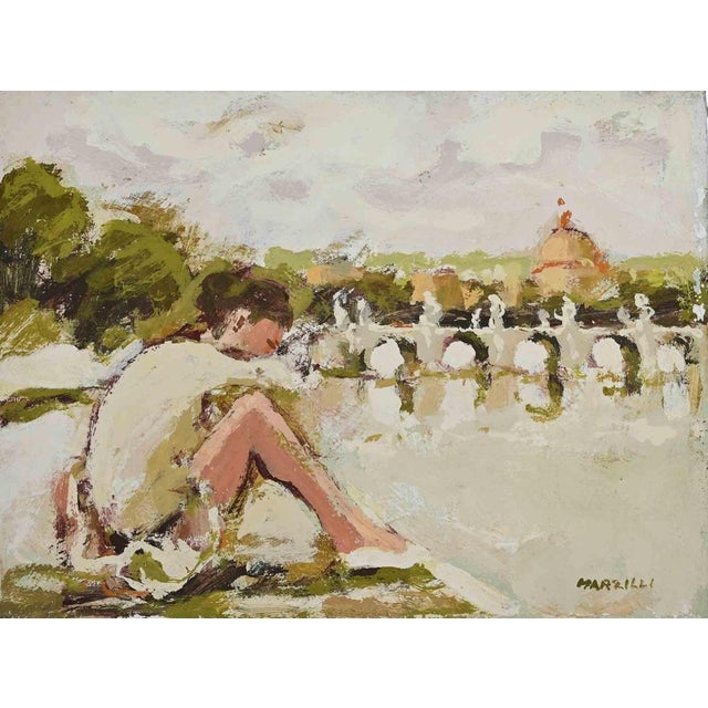 1970s Franco Marzilli, Ballerina in Front of a Bridge in Rome, Oil Painting, 1970s For Sale - Image 5 of 5