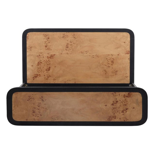 Modern burl and acacia wood bed frame in eastern king size. Beautiful natural burl headboard and footboard with black...