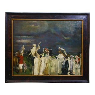 Late 20th Century Trevor James Polo Crowds Equestrian Oil Painting After George Wesley Bellows 37" For Sale