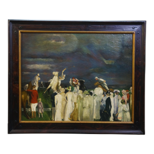 Late 20th Century Trevor James Polo Crowds Equestrian Oil Painting After George Wesley Bellows 37"