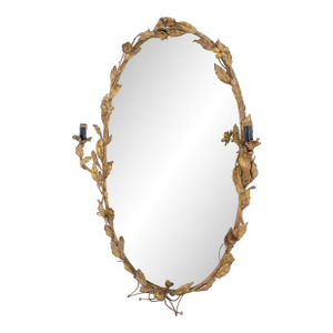 Vintage Gold Gilt Wrought Iron Oval Wall Mirror Candelabra c1920s
