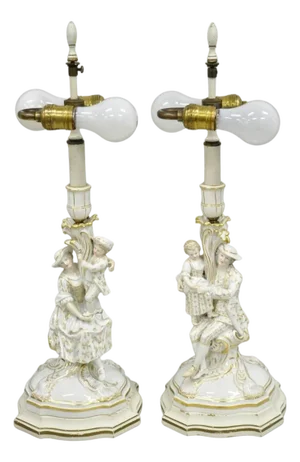 Antique Meissen Porcelain German Figural Lighted Candlestick Table Lamps - a Pair