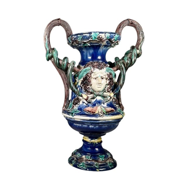 Beautiful pair of Majolica Palissy vases, richly glazed and finely detailed in the naturalistic style characteristic of...