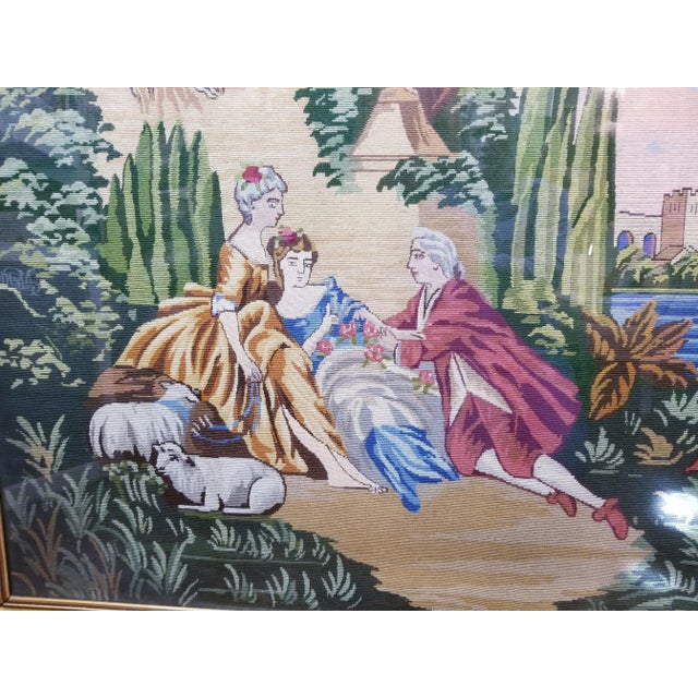 Early 20th Century Vintage Extra Large Giltwood Framed Colorful 18th Century Scene Needlepoint For Sale - Image 5 of 10