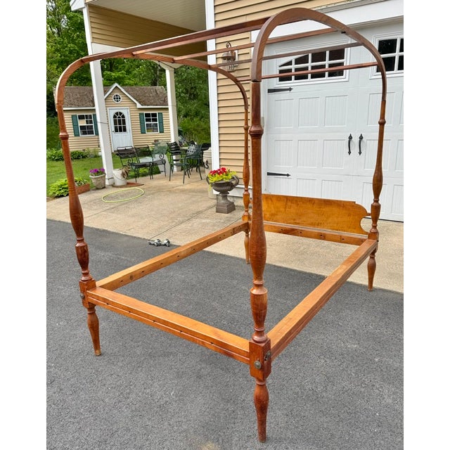 Handsome Antique Early 19th Century American Curly Maple Canopy Bed. Beautiful delicate turned posts. Posts have some curl...