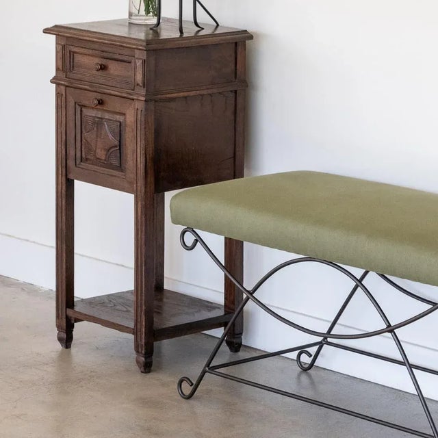 Iron Loop Bench, Green Linen For Sale - Image 9 of 9