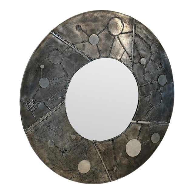 Italian Brutalist Round Mirror With Sculpted Metal Frame, 1970s For Sale