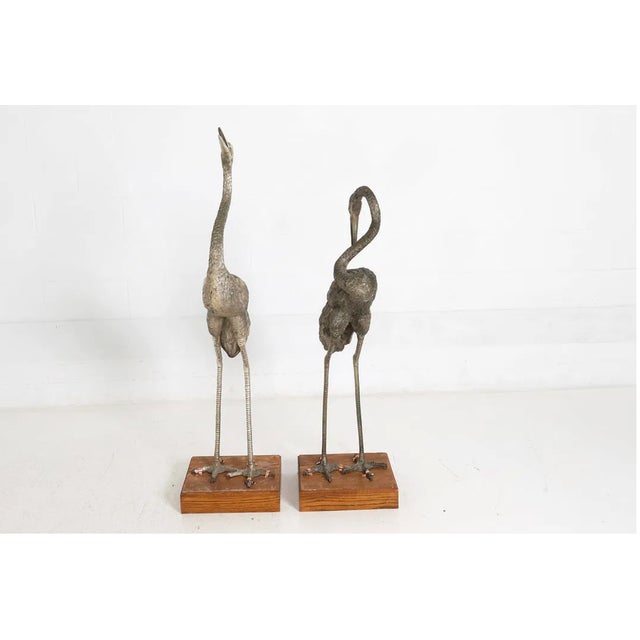Silver Monumental Pair of Silvered Crane Sculptures on Wooden Plinth Bases | 20th Century For Sale - Image 8 of 13