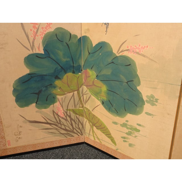 Vintage Oriental Asian Four Panel Screen With Birds & Signed For Sale In Los Angeles - Image 6 of 13