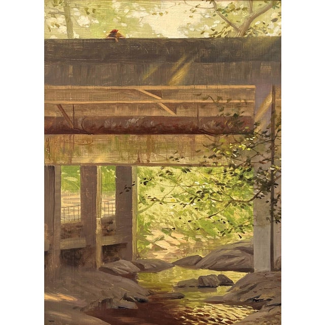 Early 21st Century Secluded Bridge by Diego Glazer | Oil on panel depicting a bridge over a stream in a forested area. For Sale - Image 5 of 5