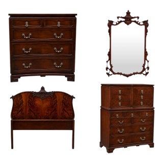 Chinese Chippendale Chinoiserie Pagoda j.b. Van Sciver Mahogany 4 Pc. Headboard Highboy Chest Mirror For Sale