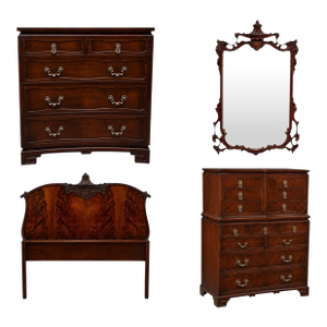 Chinese Chippendale Chinoiserie Pagoda j.b. Van Sciver Mahogany 4 Pc. Headboard Highboy Chest Mirror