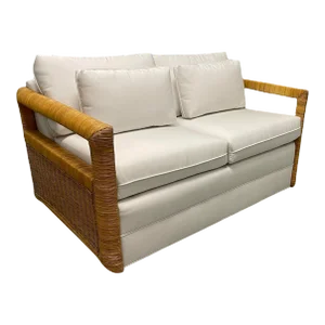 Crespi Style Rattan Loveseat Freshly Upholstered Quadrille White Suncloth