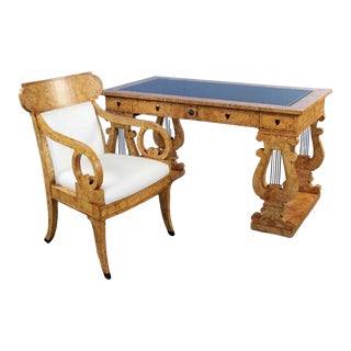 1970s Baker Furniture Stately Homes Empire Mappa Burl Writing Table and Matching Chair - Set of 2 For Sale