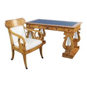 1970s Baker Furniture Stately Homes Empire Mappa Burl Writing Table and Matching Chair - Set of 2