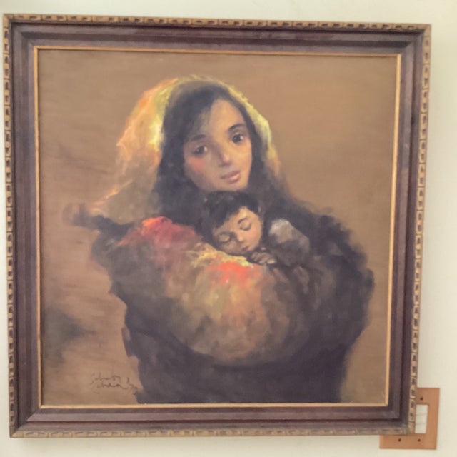 This product is an original oil painting on canvas titled "Mother and Boy" by Salvador Cabrera, created circa 1970. The...