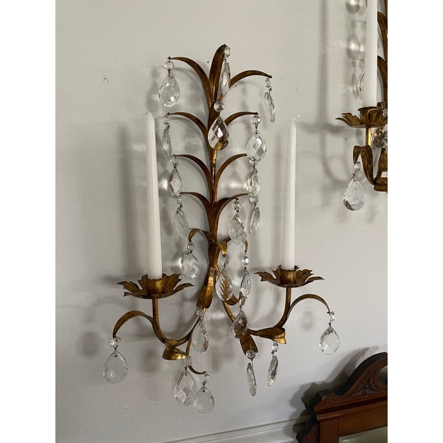 Vintage Mid Century 19" Italian Gilded Tole and Crystals Candle Sconces - A Pair For Sale - Image 15 of 18
