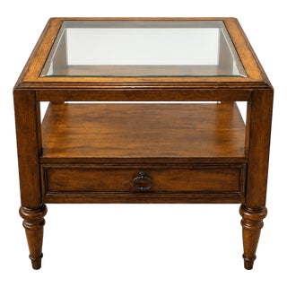 Vintage 1980s Lexington Traditional Wood and Glass End Table With Drawer For Sale