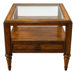 Vintage 1980s Lexington Traditional Wood and Glass End Table With Drawer
