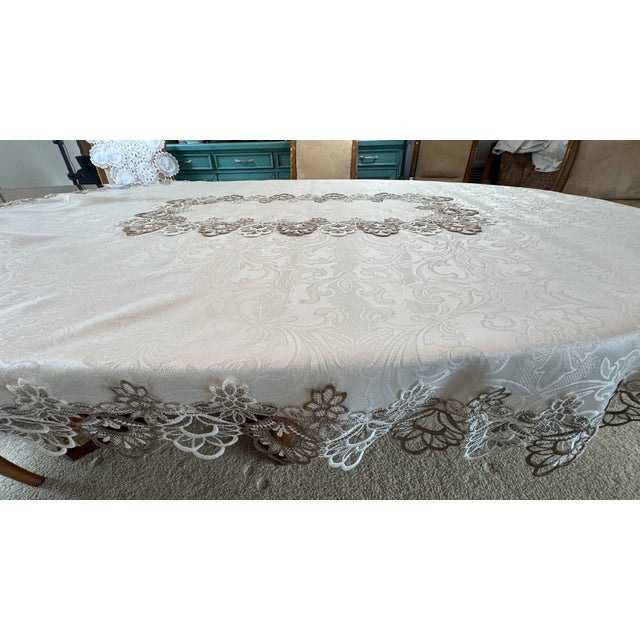 Vintage LinenTablecloth, Embroidered Applique Lace, Cream and Taupe. On Ivory 18" X 55.5" Pristine For Sale In San Diego - Image 6 of 17