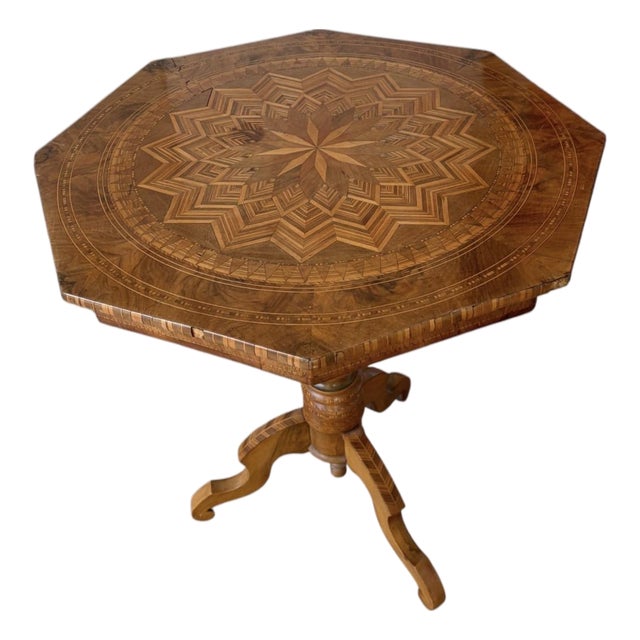 Antique Italian Walnut Maquetry Oct Tableaganal Pedestal For Sale