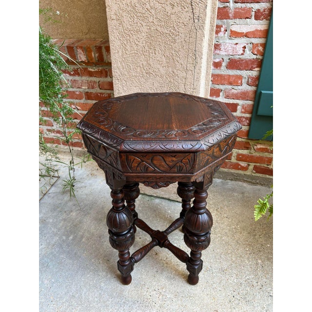 Petite Antique French Octagon Center Side Table Renaissance Carved Oak C1890 For Sale - Image 10 of 12