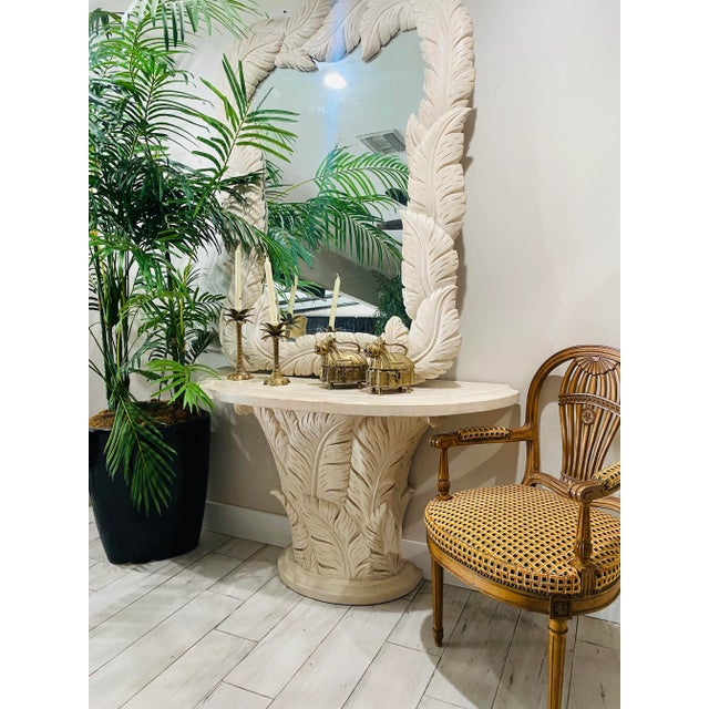 Rustic European Serge Roche Style Wood Carved Palm Tree Front Console Table & Mirror For Sale - Image 3 of 12