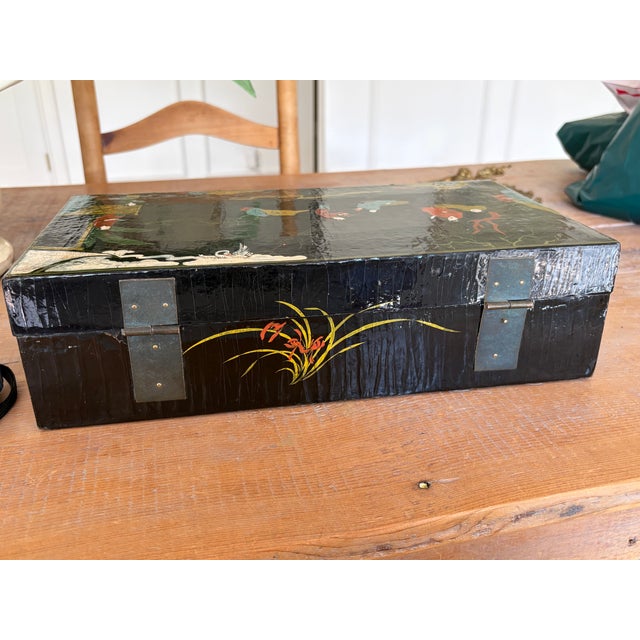Late 20th Century Antique Chinese Export Black Lacquer Chinoiserie Box, Hand-Painted Figures & Cranes For Sale - Image 5 of 5