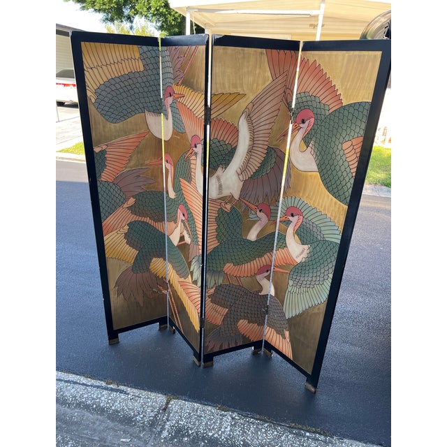 1980 Gold Pink Birds Room Divider, made in Japan 4 panels room divider with beautiful colored birds and brass legs,...