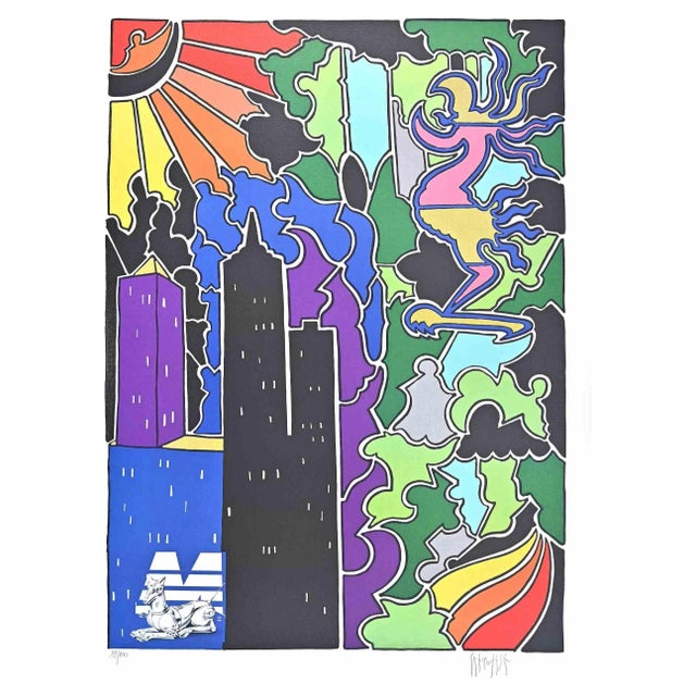 Antonio Cremonese, Abstract Urban Landscape, Lithograph, 1980s For Sale