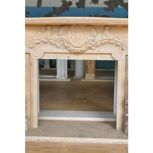 Hand-Carved Fireplace Mantle with Cherubs and Shield Cartouch For Sale - Image 6 of 7