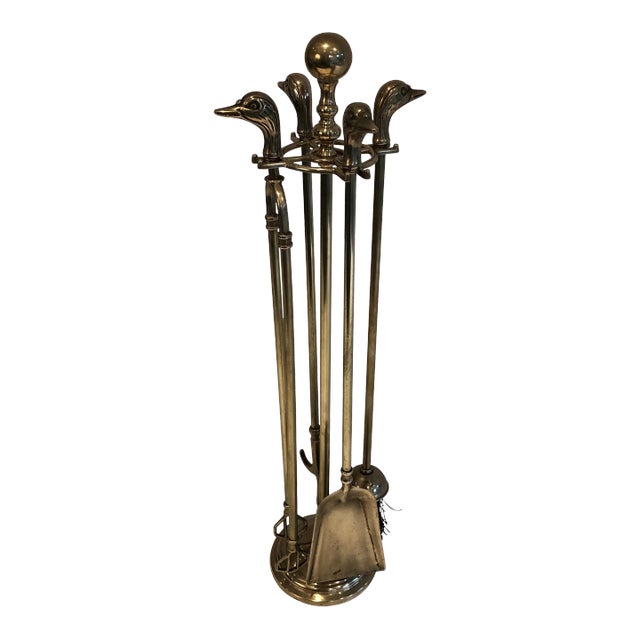 Circa 1970s French Neoclassical-Style Brass Duck Heads Fireplace Tool Set- 5 Pieces For Sale