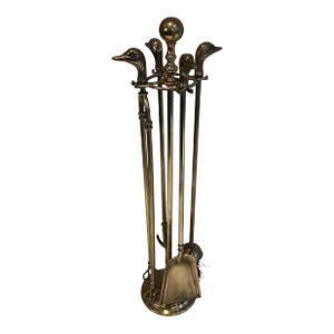 Circa 1970s French Neoclassical-Style Brass Duck Heads Fireplace Tool Set- 5 Pieces