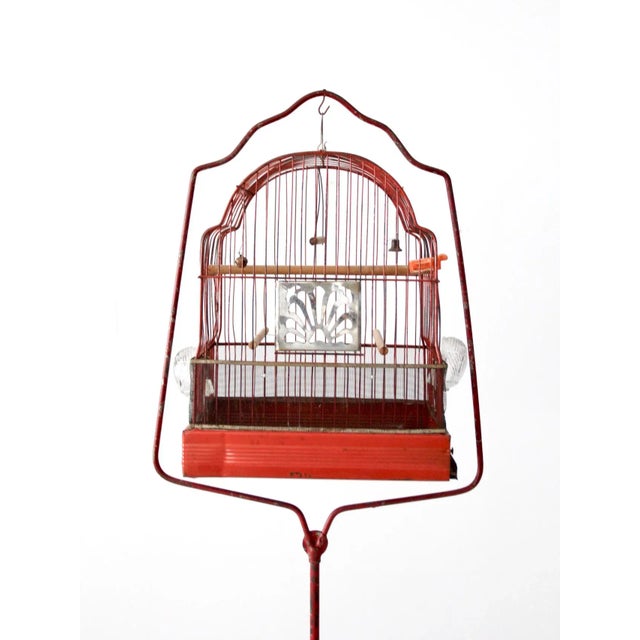 Antique Red Bird Cage with Cast Iron Stand For Sale - Image 4 of 10