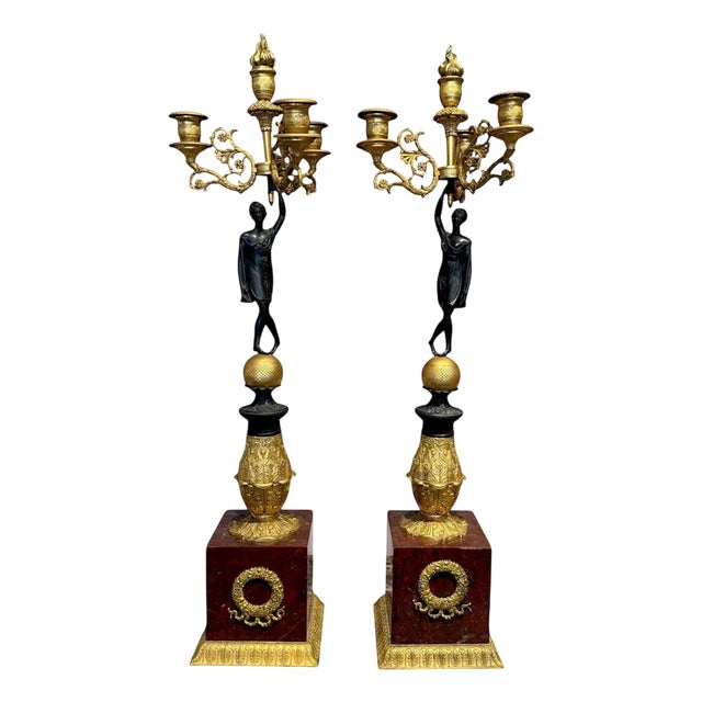 Early 19th Century Empire Gilt and Patinated Bronze Candleholders, Set of 2 For Sale