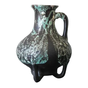 Signed Mid 20th Century German Mint Green and Dark Grey Fat Lava Glass Pitcher